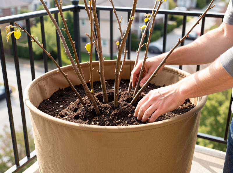 Bare-root raspberry canes being planted into a large fabric container on a balcony in spring
