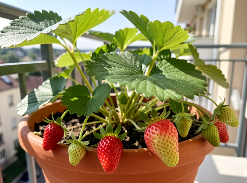 Day-neutral strawberry plants fruiting in a terracotta pot on a sunny apartment balcony rail