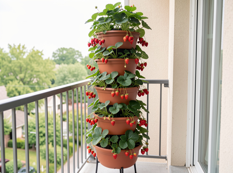 A vertical stacked strawberry planter tower full of fruiting plants on a small balcony