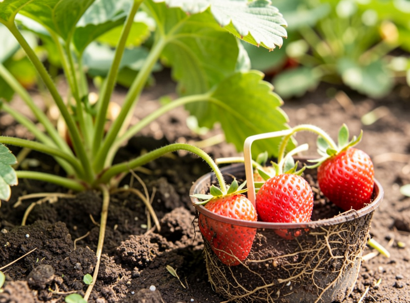 A strawberry runner pegged down to root into a small pot beside the parent plant
