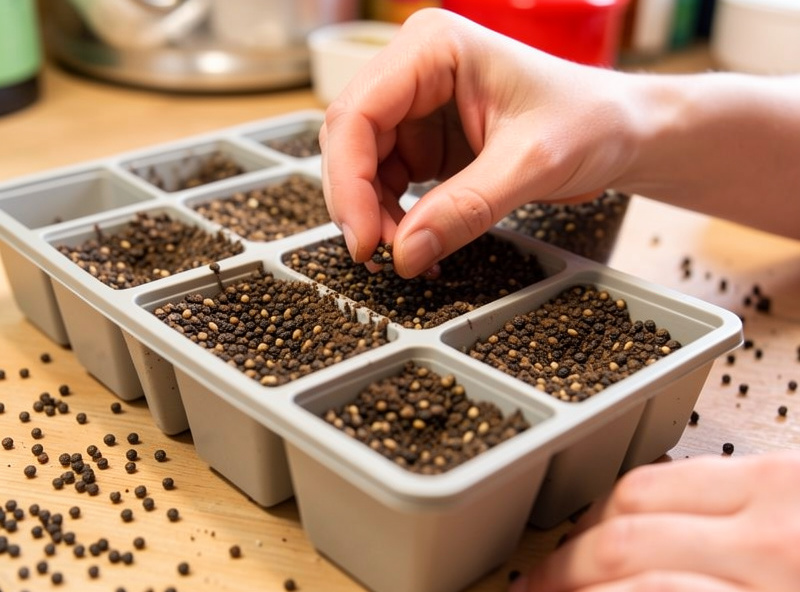 Pepper seeds being sown into small cell trays on a kitchen table with a seedling heat mat
