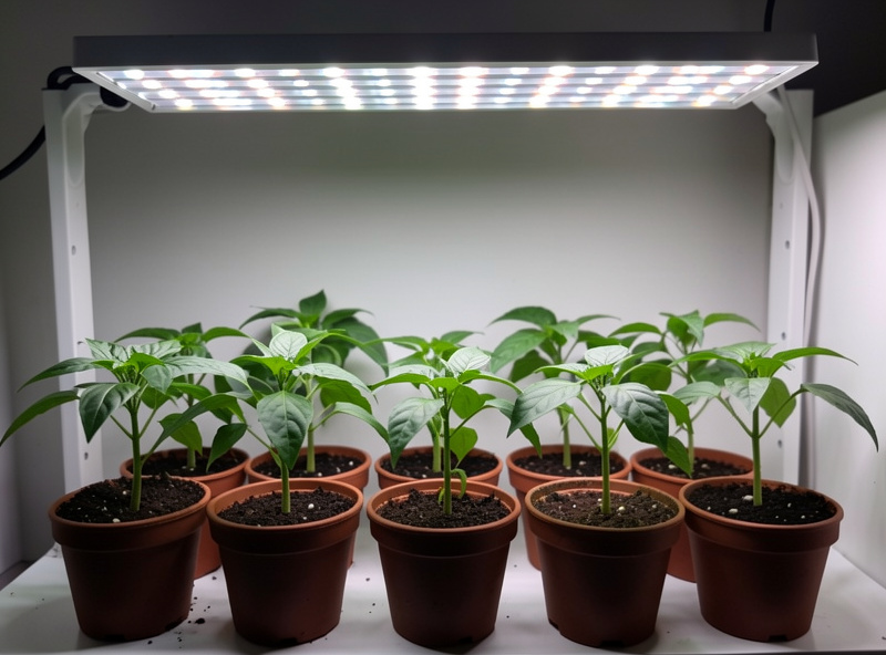 Stocky young pepper plants potted up into individual pots under an LED grow light