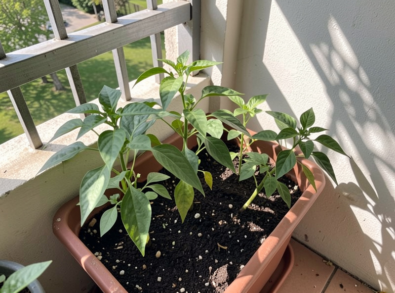 Young pepper plants hardening off in a sheltered spot on a balcony before transplanting
