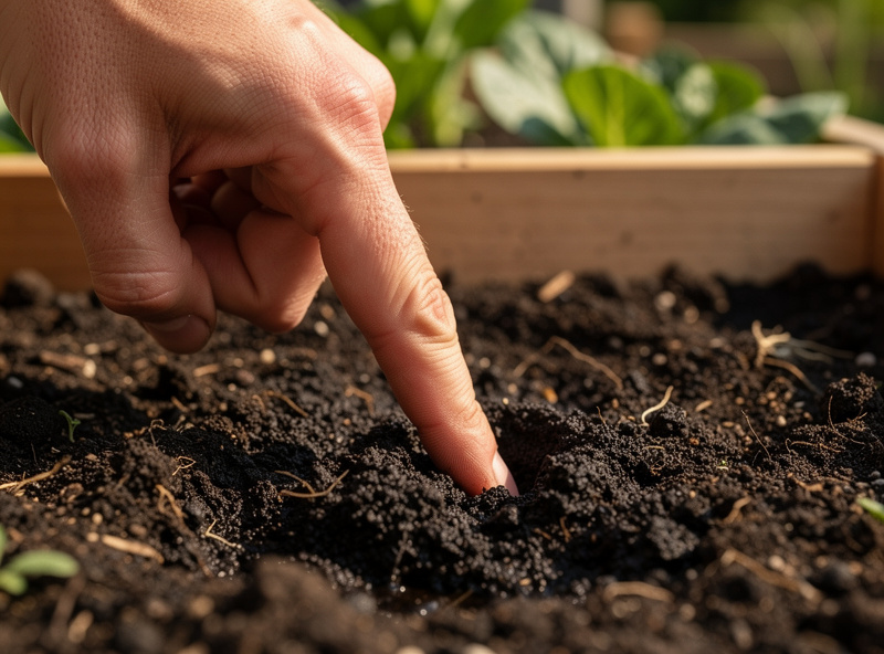 Hand checking soil moisture in a raised vegetable bed with a finger pushed into the soil