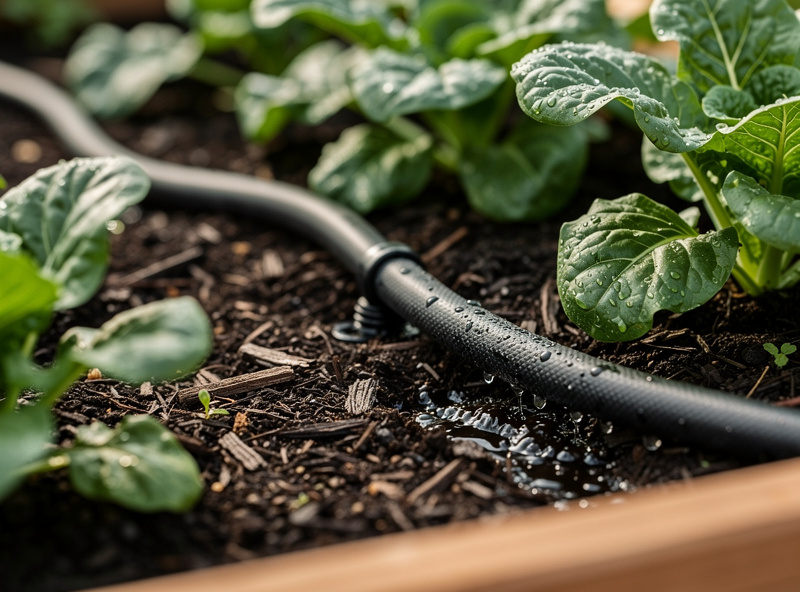 Soaker hose running between rows of vegetables in a raised garden bed