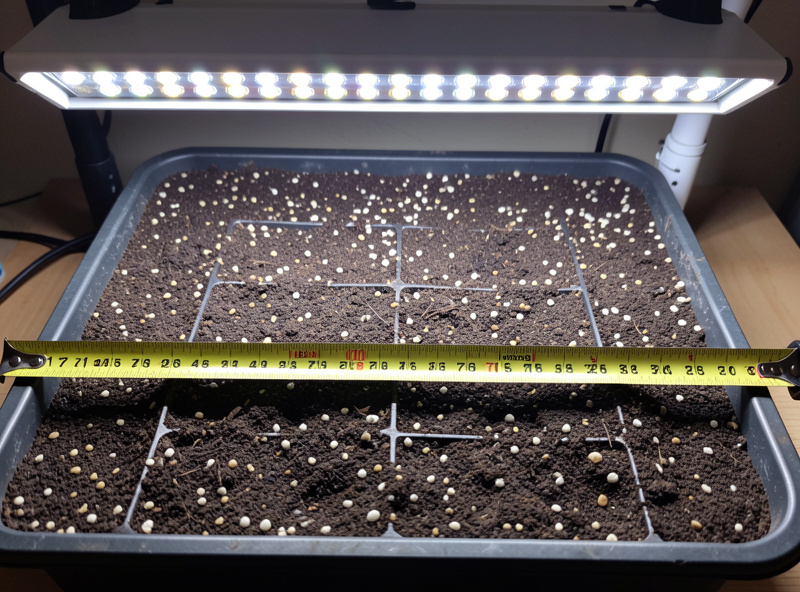 A measuring tape laid across a seed tray under an LED grow light bar to calculate lighting area in square feet