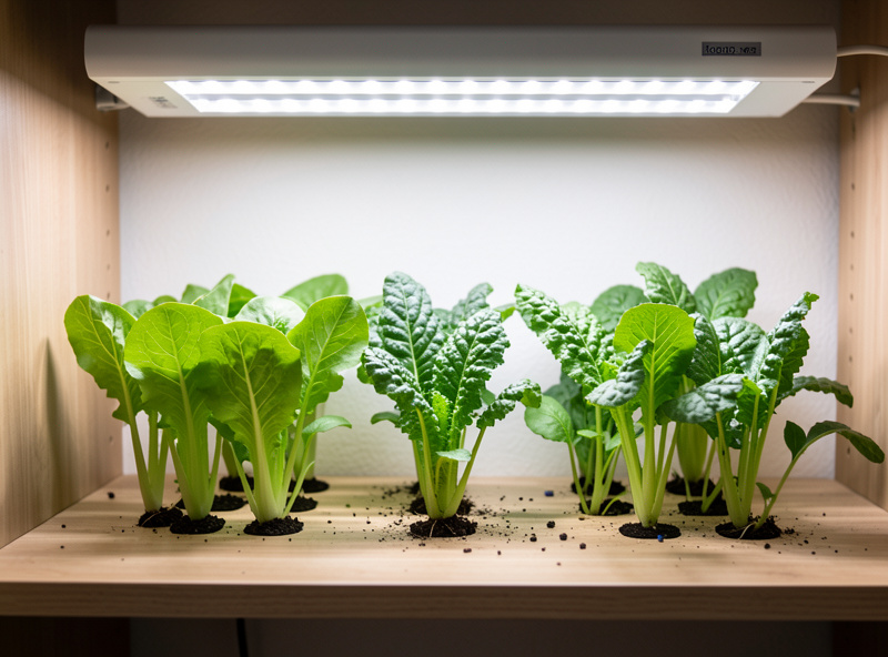 Leaf lettuce and kale seedlings growing compact and sturdy under correctly sized LED lighting on an apartment shelf
