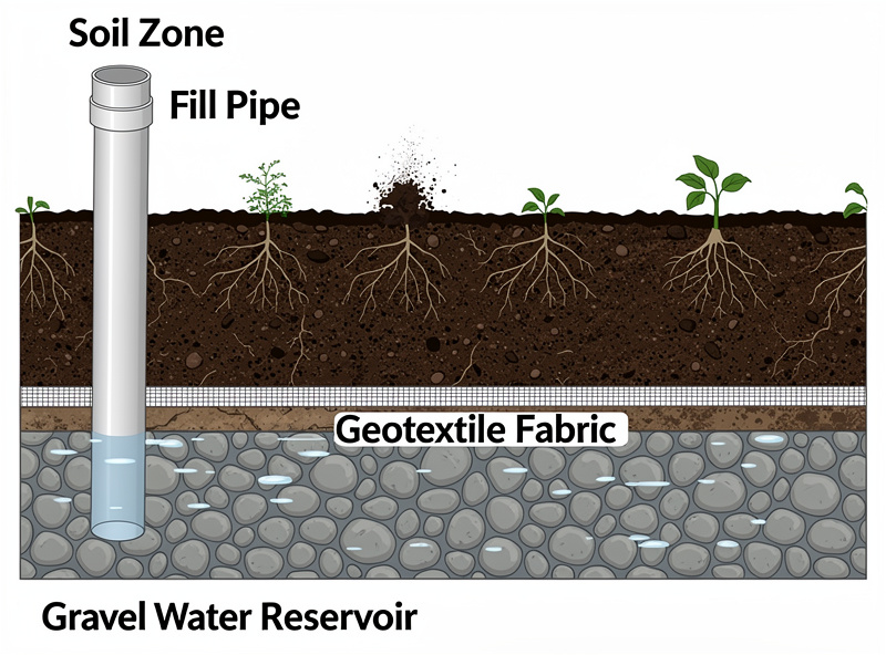 Cutaway diagram of a DIY wicking bed showing gravel reservoir, fabric barrier, soil layer and fill pipe