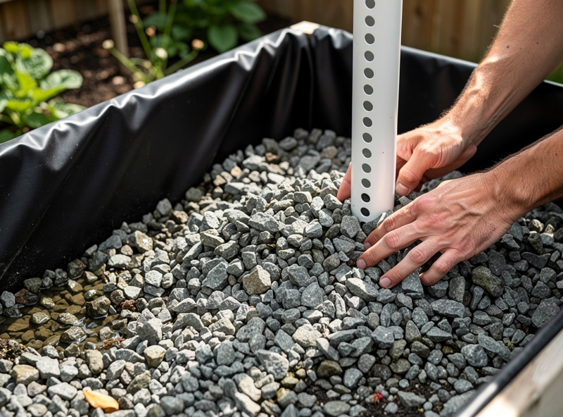 Person building a wicking bed laying gravel reservoir and fill pipe inside a lined raised bed