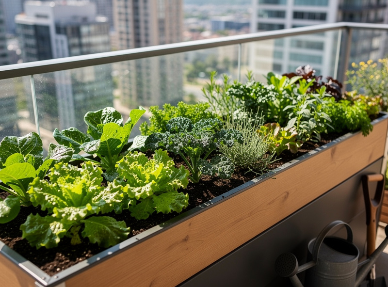 Thriving leafy greens and herbs growing in a finished wicking bed on an apartment balcony