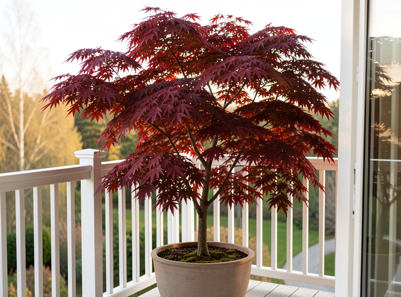 Japanese maple with deep red foliage in a container on a Nordic balcony