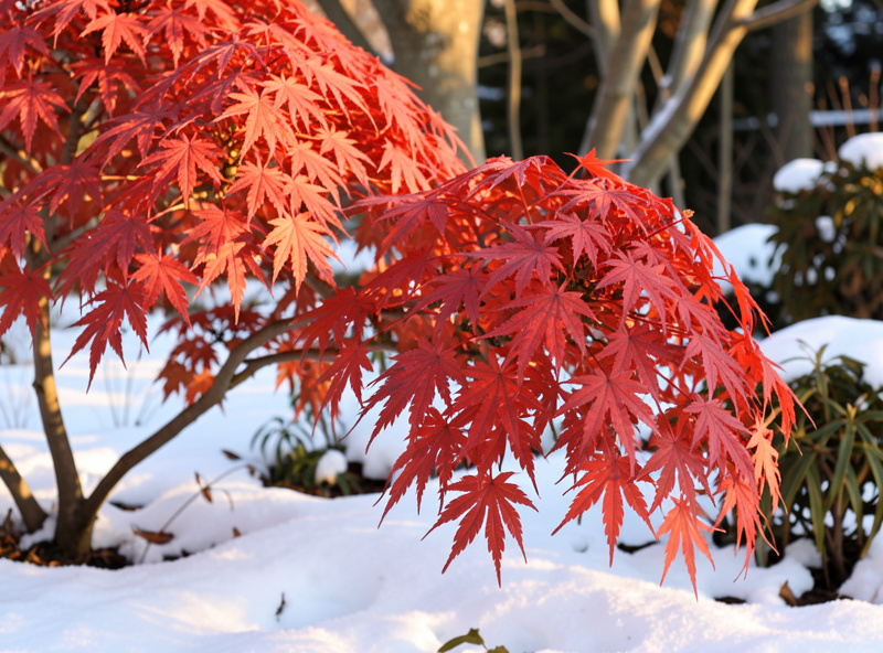 Sango Kaku Japanese maple with glowing coral-red bark in winter snow