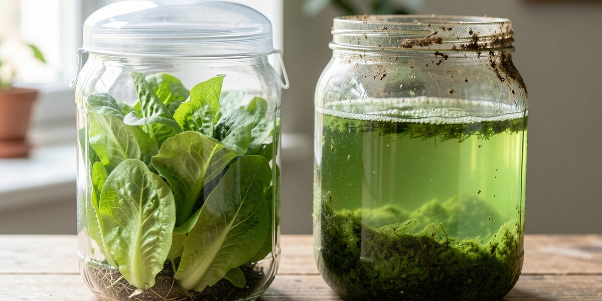 A clear covered jar of healthy lettuce beside a neglected uncovered jar with green algae-clouded water