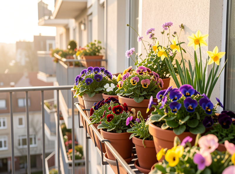 Spring pansies and daffodils in colorful balcony containers