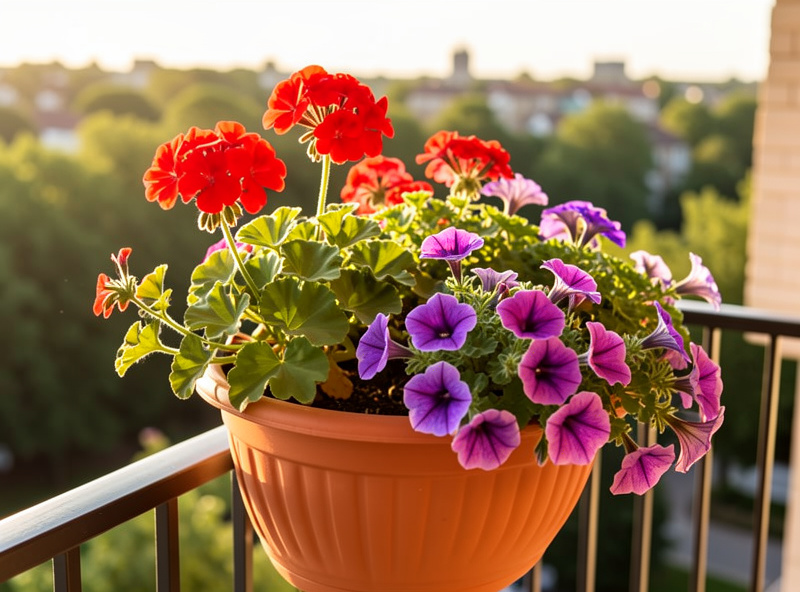 Summer geraniums and petunias blooming in balcony planter pots