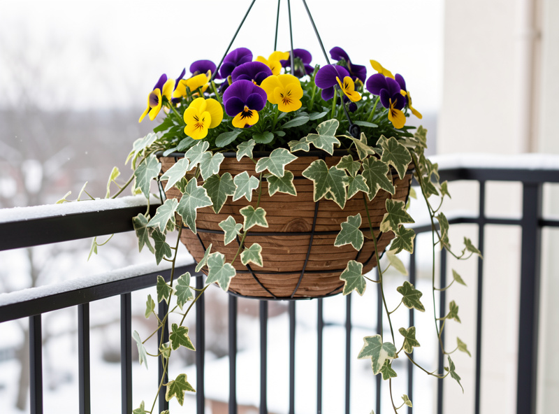 Winter hanging basket on a Nordic balcony rail with trailing variegated ivy and cold-hardy winter pansies in purple and yellow