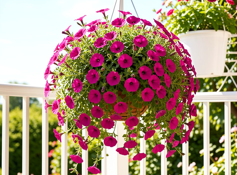 Lush summer hanging basket overflowing with trailing magenta petunias and calibrachoa cascading down on a sunny balcony