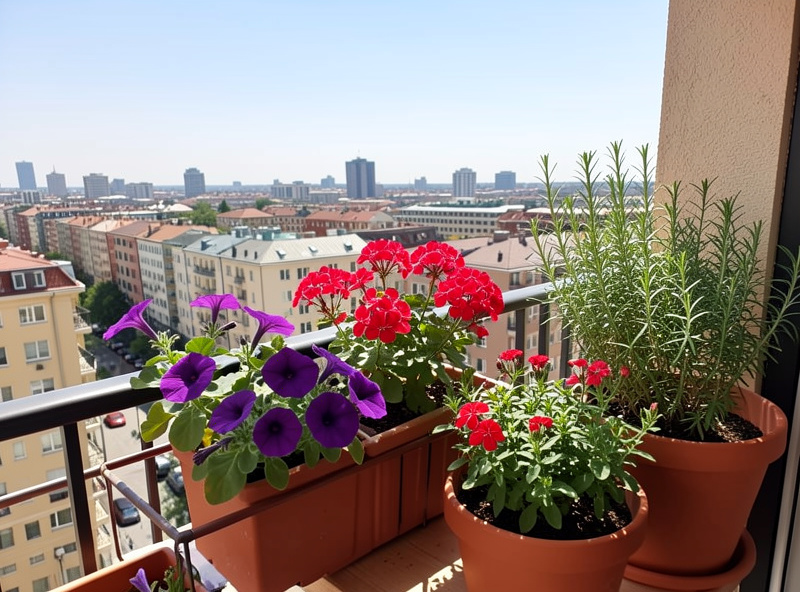A sunny apartment balcony with flowering plants in containers including petunias geraniums and culinary herbs on a railing with city skyline beyond