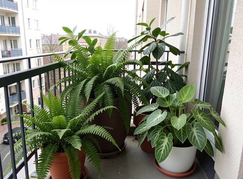 Shade-tolerant foliage plants and herbs growing in containers on a north-facing apartment balcony with ferns and hostas in soft natural light