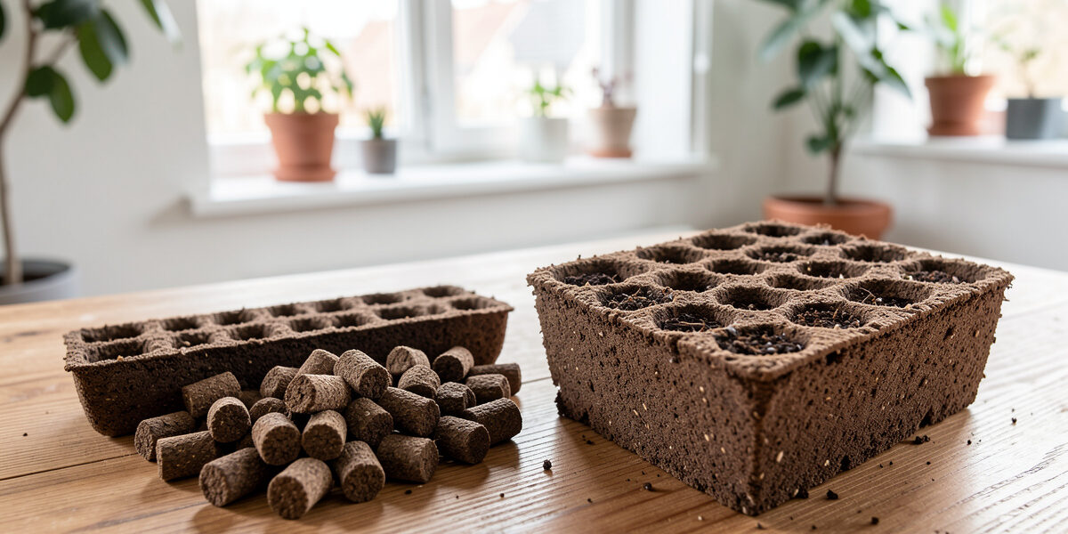 Dry and expanded peat pellets beside hand-made soil blocks on a wooden table for a seed-starting comparison