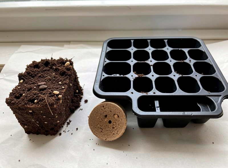 A hand-pressed soil block beside a black cell tray and a peat pellet, three seed-starting methods side by side