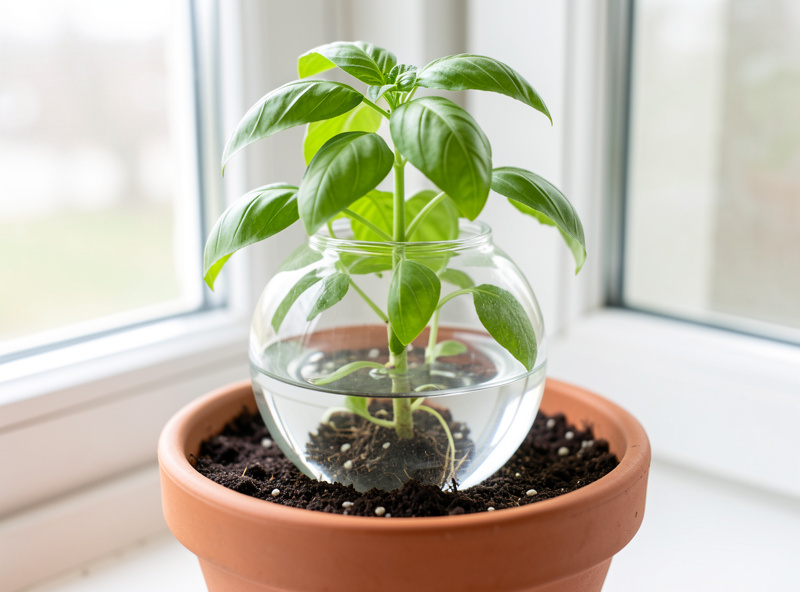 Glass self-watering globe pushed into the soil of a potted basil plant on a bright windowsill