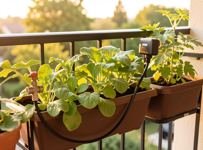 Row of leafy container vegetables on a summer balcony rail connected to a thin drip irrigation tube with a battery timer
