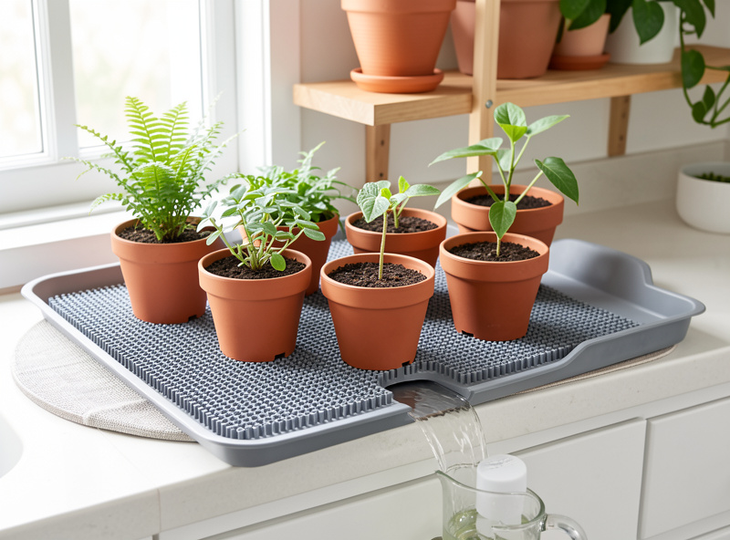 Several small plant pots sitting on grey capillary matting over a kitchen tray with the mat edge dipping into a water reservoir