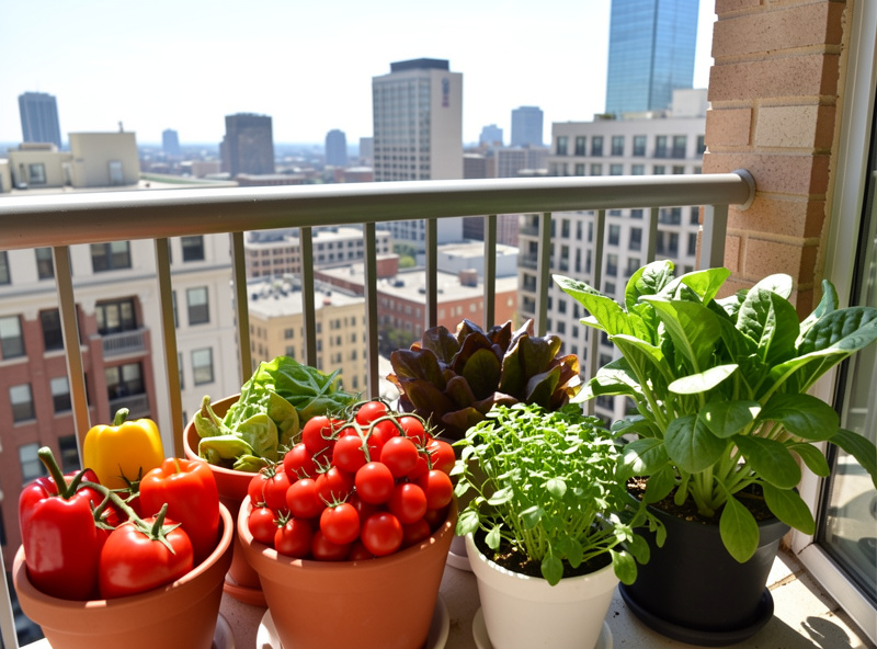 Fresh cherry tomatoes peppers and leafy greens growing in containers on a sunny apartment balcony with city buildings visible beyond