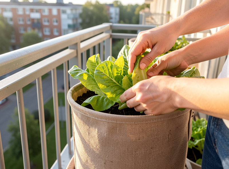 Hands harvesting fresh lettuce leaves from a fabric grow bag on a Nordic apartment balcony railing in morning light