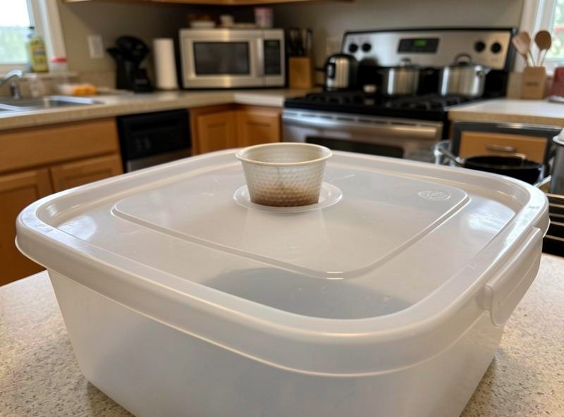A net cup seated snugly in a hole cut into the lid of a plastic storage tub reservoir
