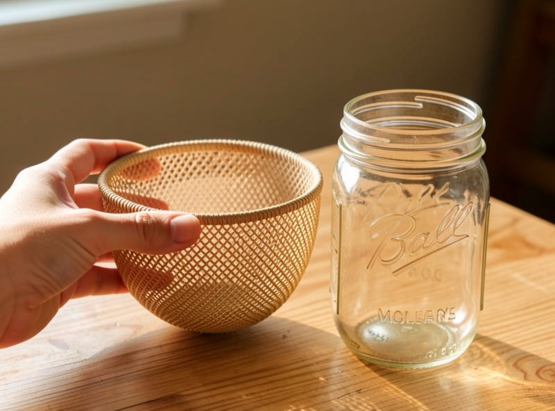 Hand holding a wide-lipped mesh basket net cup next to a mason jar to show sizing