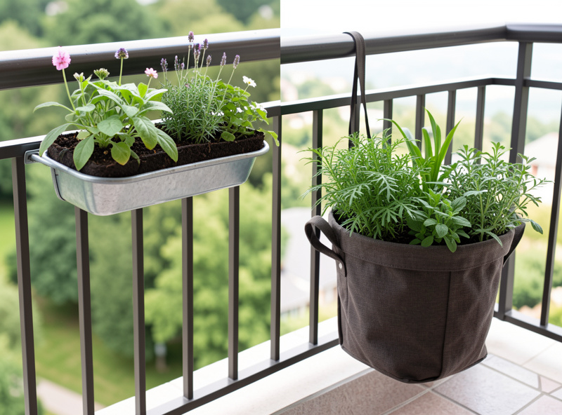 Selection of different railing planter styles on a balcony with herbs and flowers