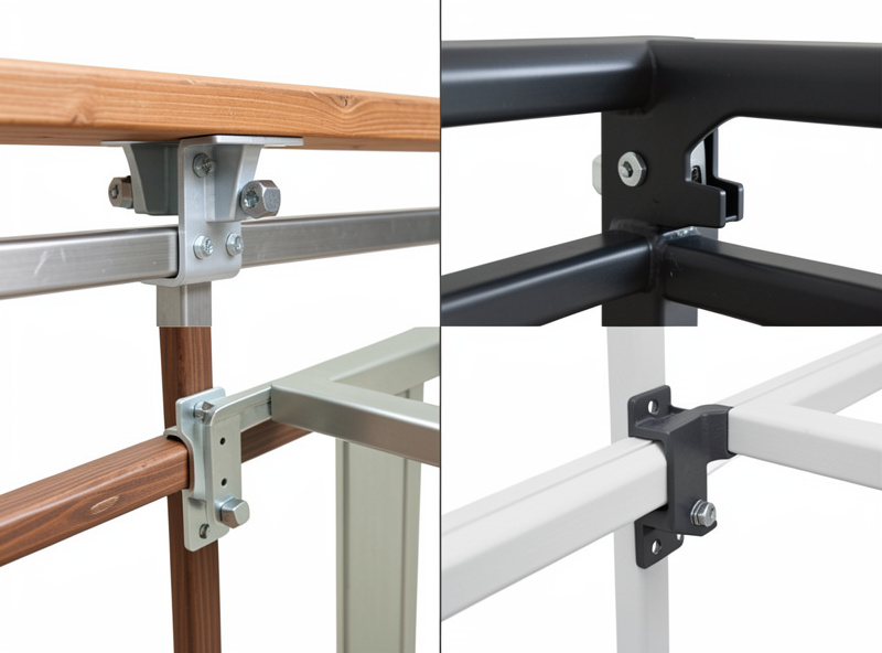 Close-up comparison of adjustable bracket mounting systems on different railing planter types
