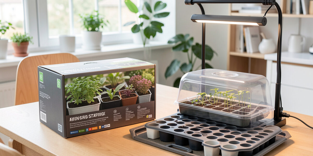 A boxed seed-starting kit unboxed beside a self-assembled setup with a grow light and heat mat