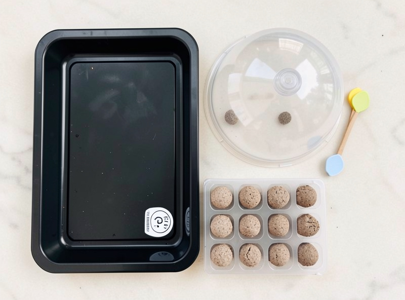 Overhead flat-lay of a seed-starting kit contents: black tray, clear humidity dome, cell inserts, peat pellets and plant markers