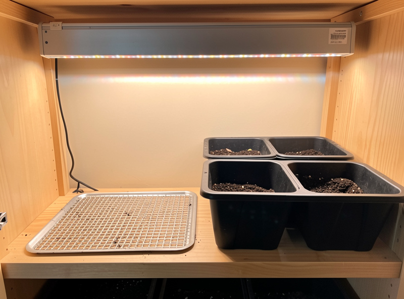 A self-built seed-starting setup on a shelf with an LED grow bar, a heat mat and sturdy black trays