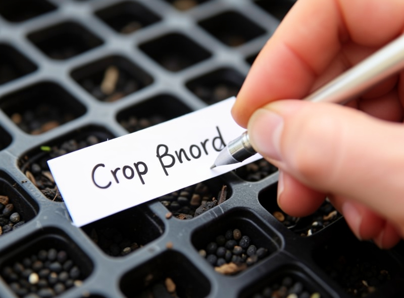 Close-up of a hand writing a crop name on a white plant label beside filled black seed cells