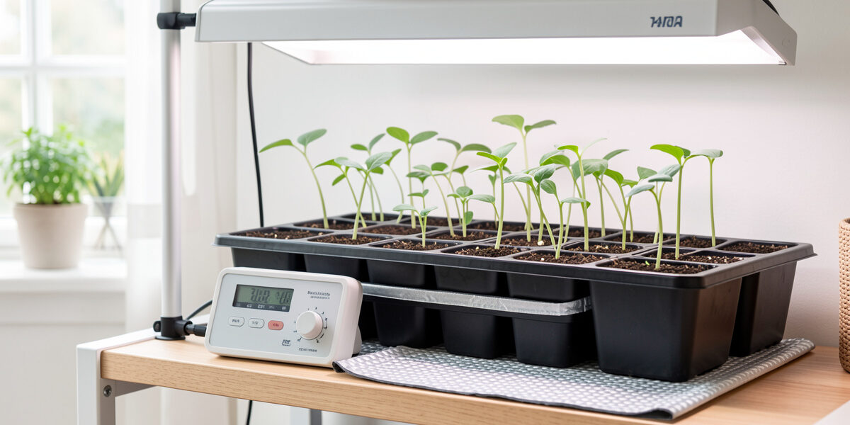 A seedling heat mat with a digital thermostat controller warming cell trays under a grow light