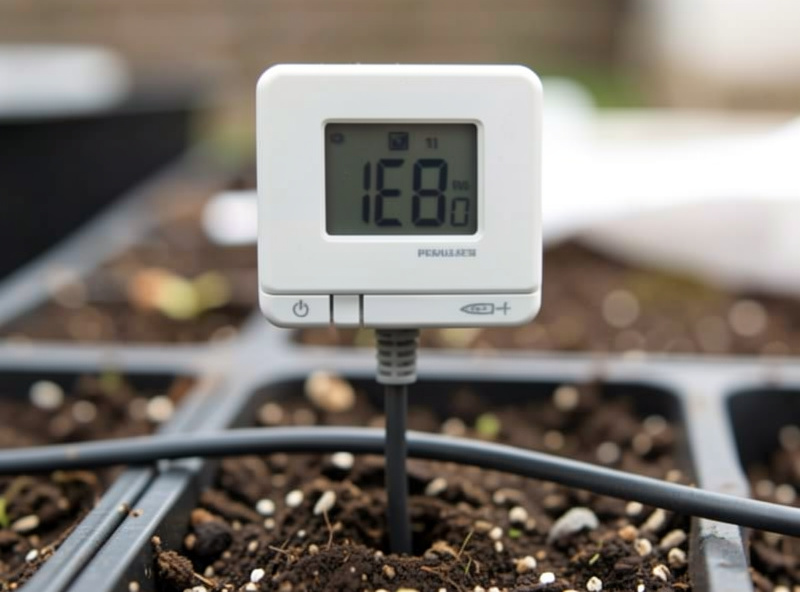 Close-up of a digital thermostat controller display showing a temperature reading with a probe cable running into a soil-filled cell tray