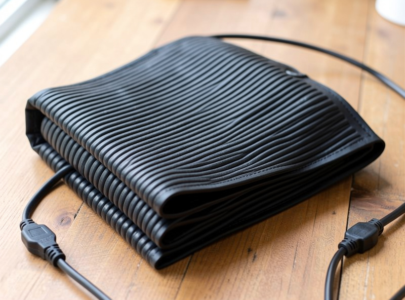 A waterproof black seedling heat mat folded to show its ribbed heating surface and power cable on a wooden table