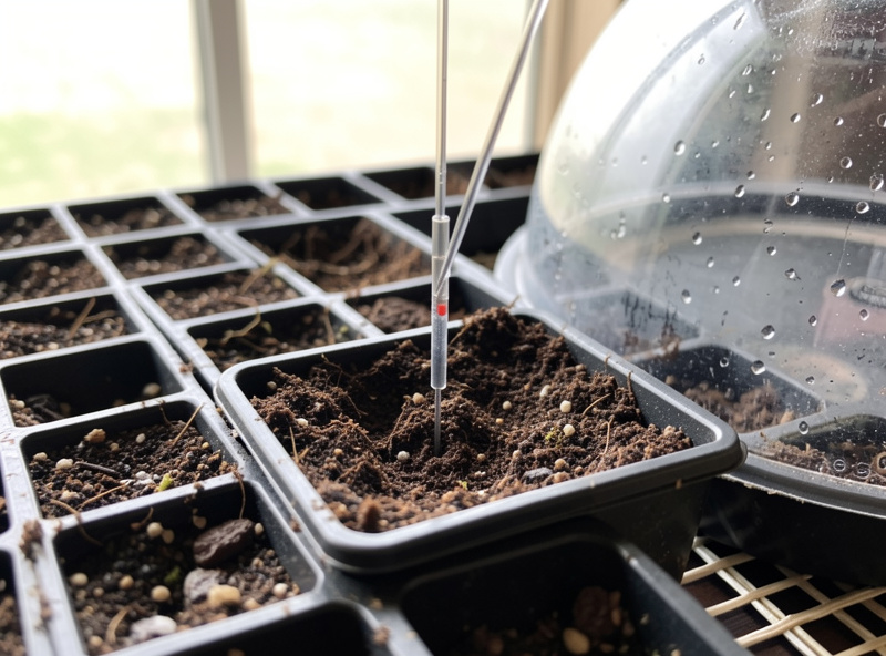 A slim thermometer probe pushed into the soil of a cell tray resting on a heat mat, with a clear humidity dome beside it