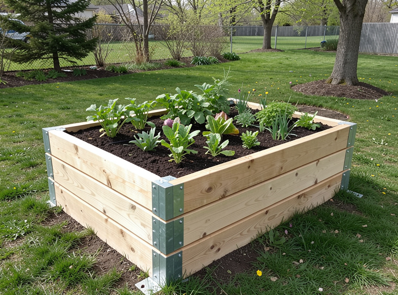 Building a wooden sleeper raised garden bed by stacking horizontal cedar beams with corner brackets