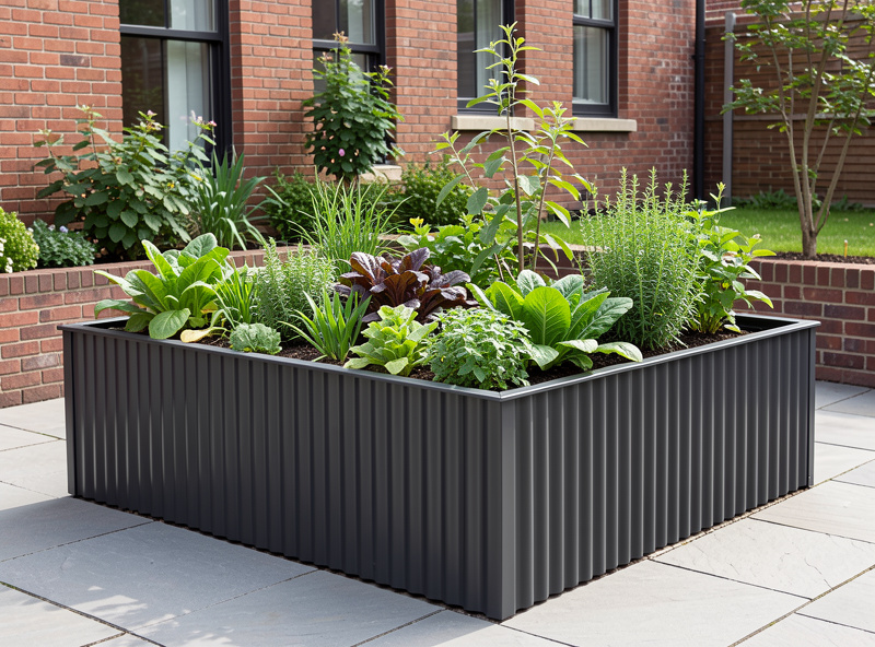 Galvanized steel corrugated Birdies style raised garden bed with leafy vegetables in an urban garden