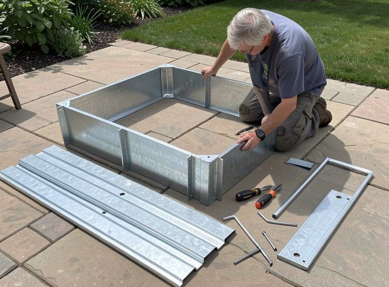 Person assembling a modular galvanized steel raised garden bed kit on a patio