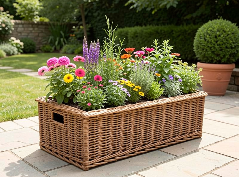 Woven weave style raised garden bed with flowers and herbs on a sunny patio