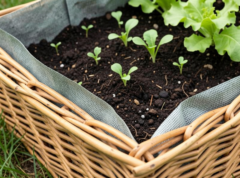 Close-up of a woven willow raised garden bed interior showing landscape fabric liner and rich dark soil with lettuce seedlings