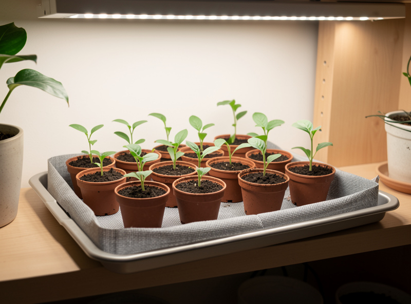 Shallow tray lined with grey capillary matting holding a dozen small seedling pots under an LED grow bar