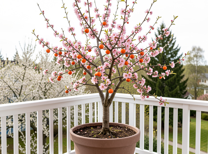 Crab apple tree with pink blossoms in a container on a Nordic balcony