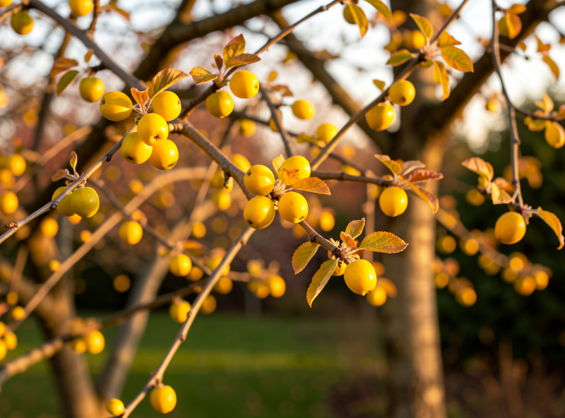 Crab apple branches with glowing golden-yellow fruit in autumn
